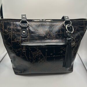 Patricia Nash Martella Map Black Leather Tote Bag